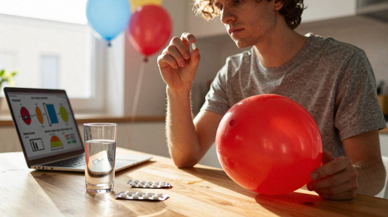 Pessoa segura um comprimido e um balão vermelho, com comprimidos, copo de água e laptop sobre a mesa.
