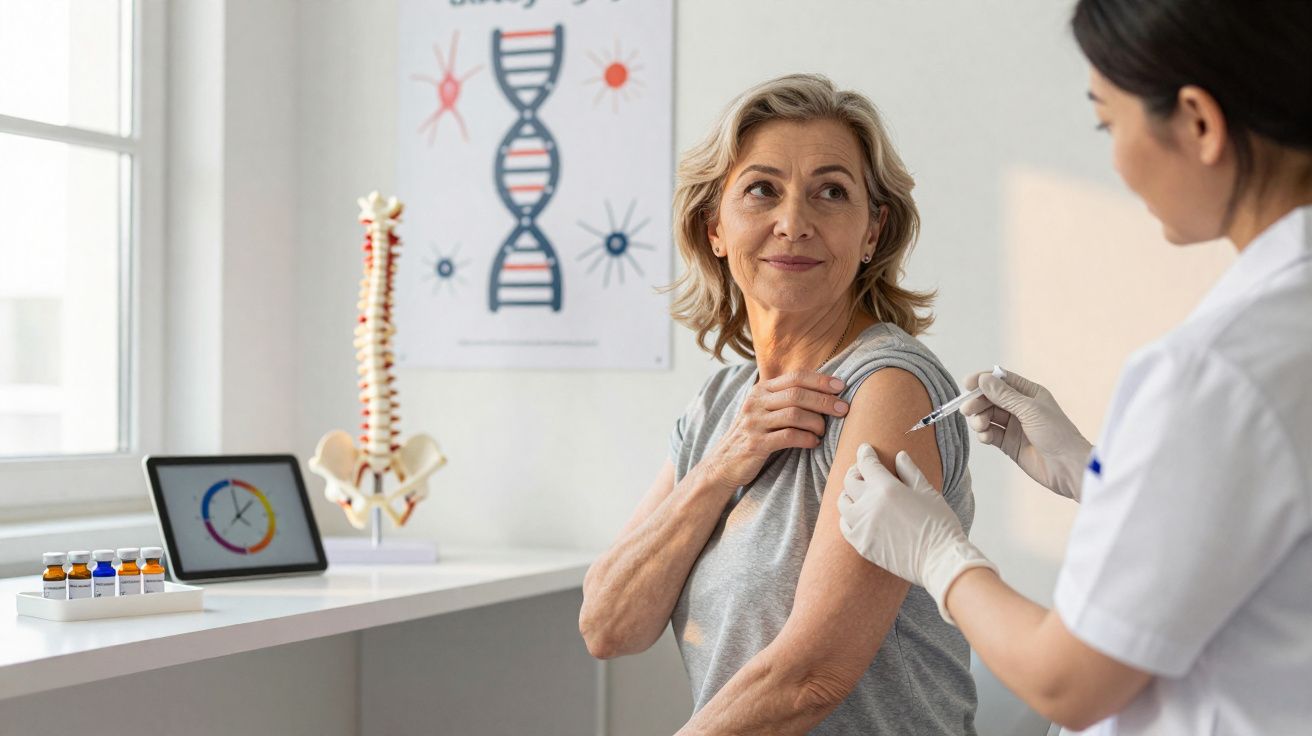 Idosa a receber vacina no braço por profissional de saúde num consultório médico.
