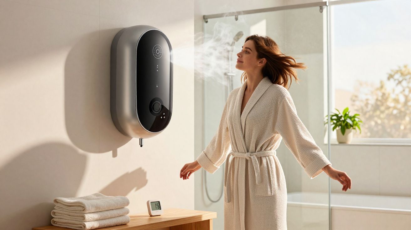 Mulher de roupão recebe vapor de aparelho moderno de aromaterapia na parede de casa de banho luminosa.