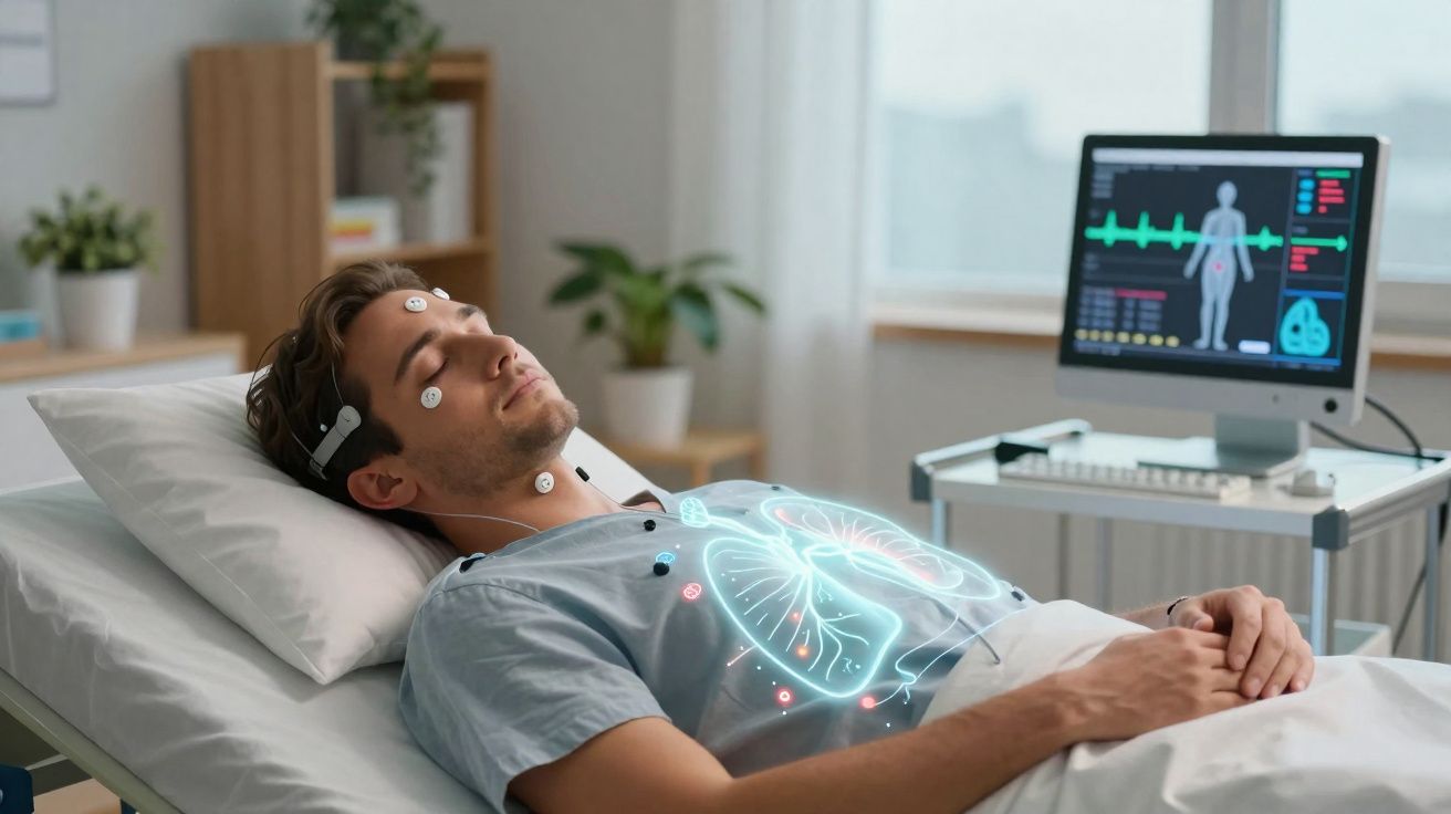 Homem deitado com sensores no corpo, monitorizado por equipamento médico com imagem digital dos pulmões.