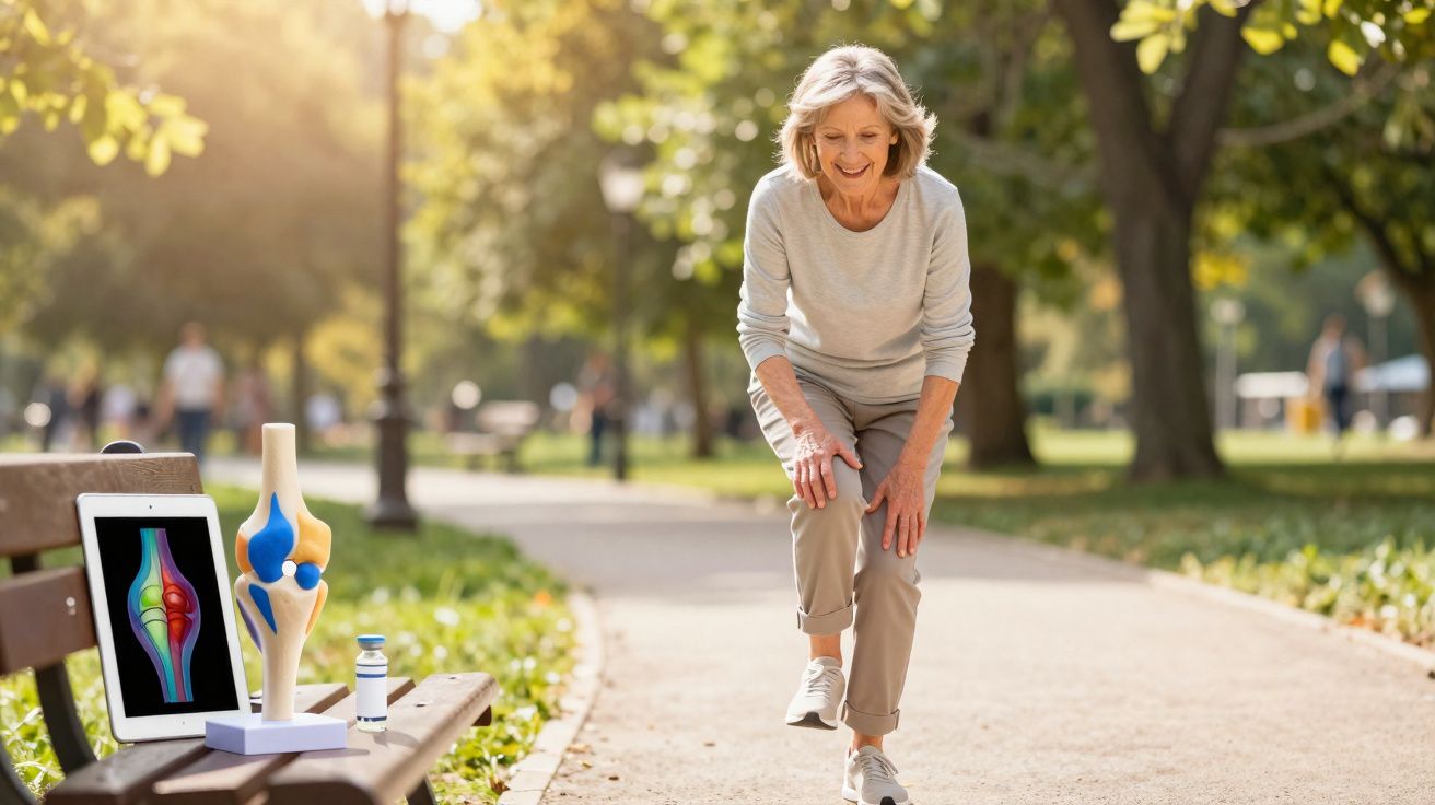 Mulher sénior a tocar no joelho com expressão de dor num parque ensolarado, próximo de modelos anatómicos.