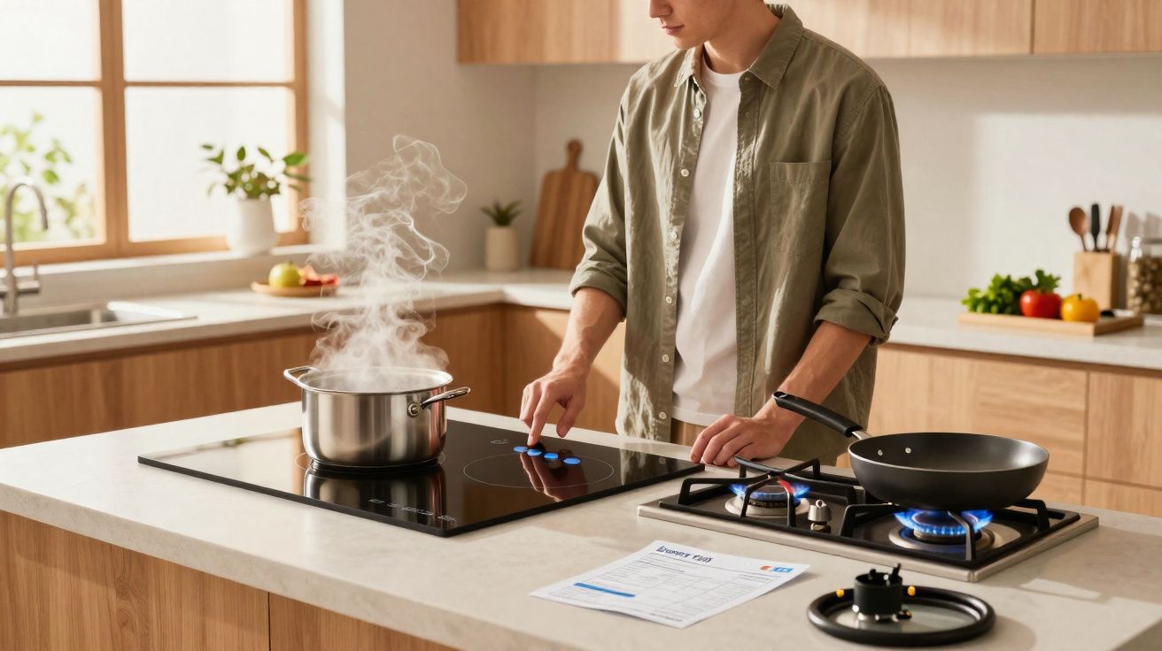 Pessoa a cozinhar num fogão com tampo elétrico e fogão a gás numa cozinha moderna.