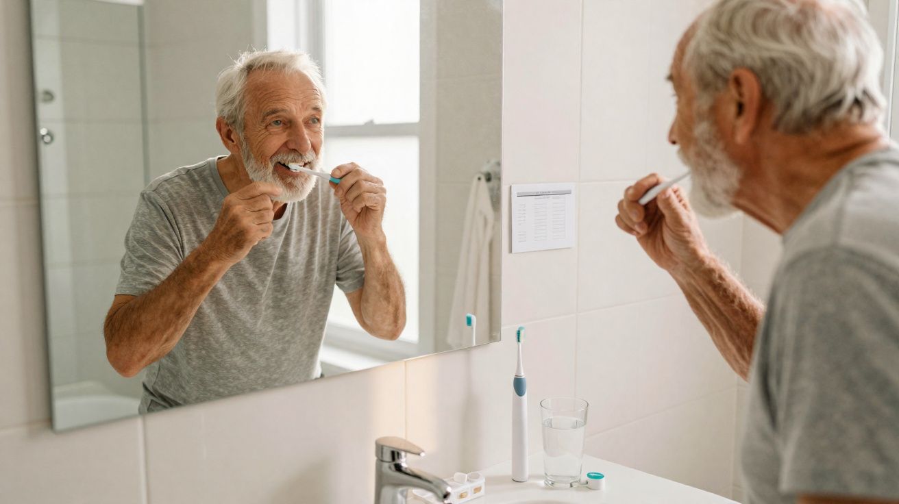 Homem idoso a escovar os dentes à frente de um espelho numa casa de banho clara.