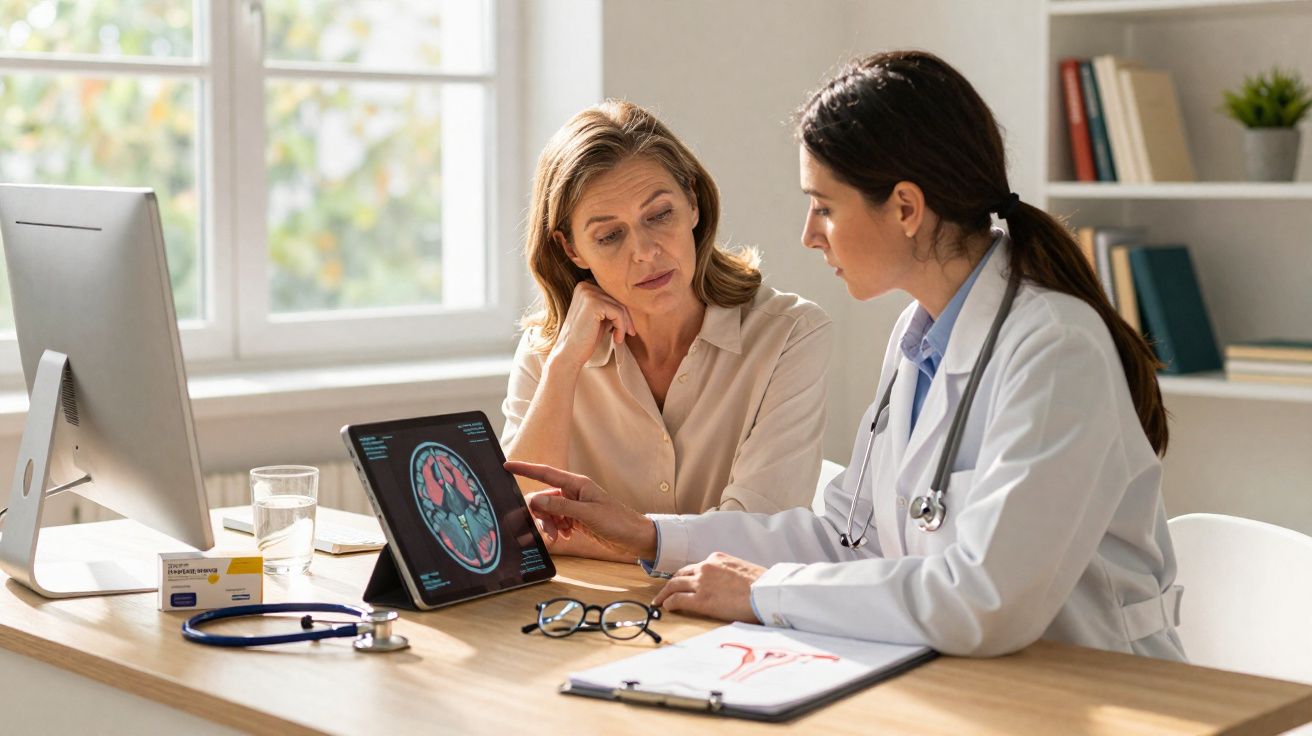 Médica explica exames de imagem do cérebro a mulher numa consulta num consultório iluminado.