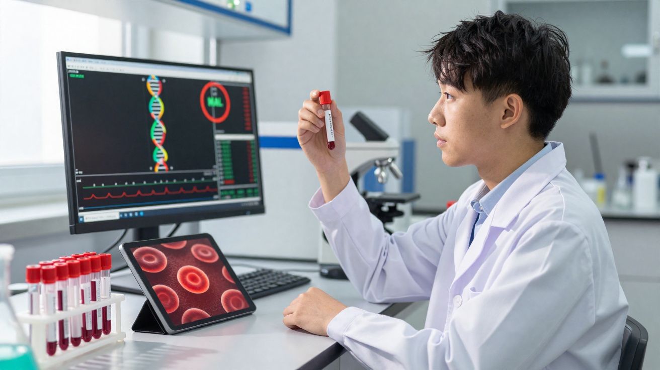 Cientista em laboratório analisa amostra de sangue com monitor e tablet mostrando dados genéticos e células sanguíneas.