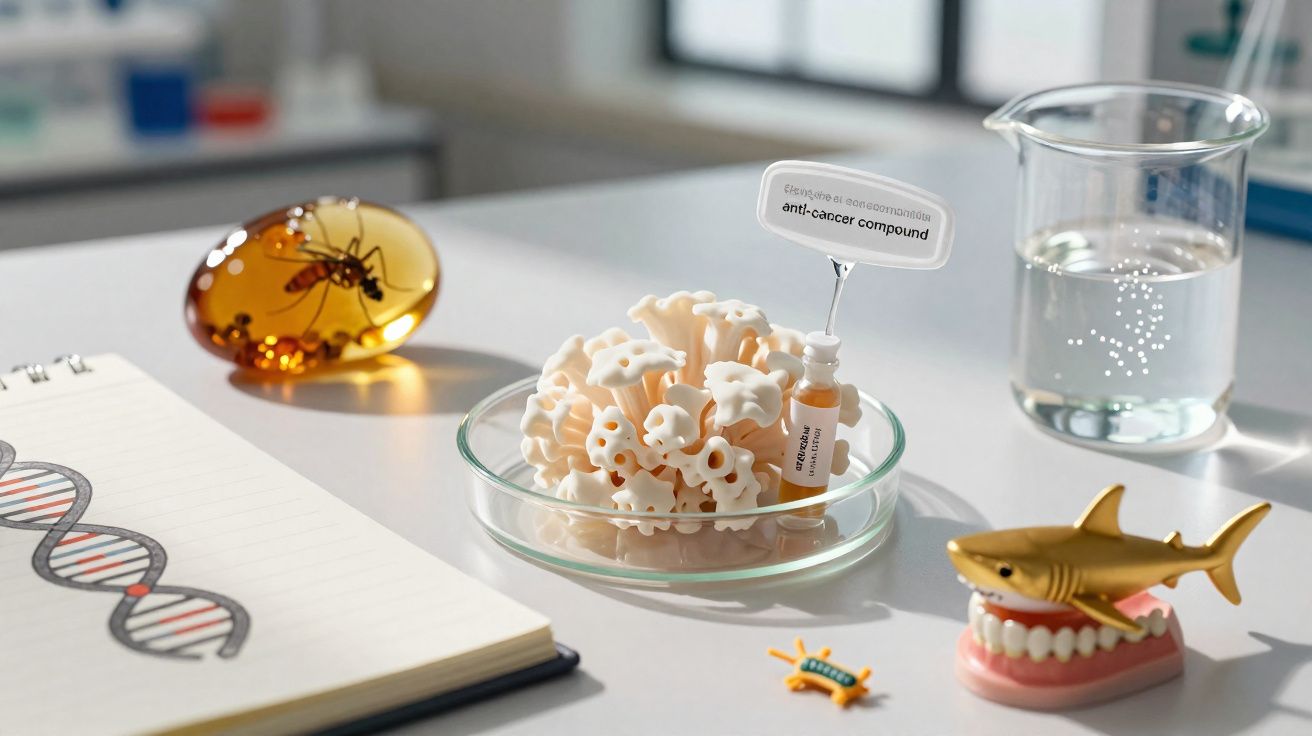 Mesa de laboratório com modelo de DNA, amostra em placa, escultura de mexilhão, e modelo de tubarão com dentes.
