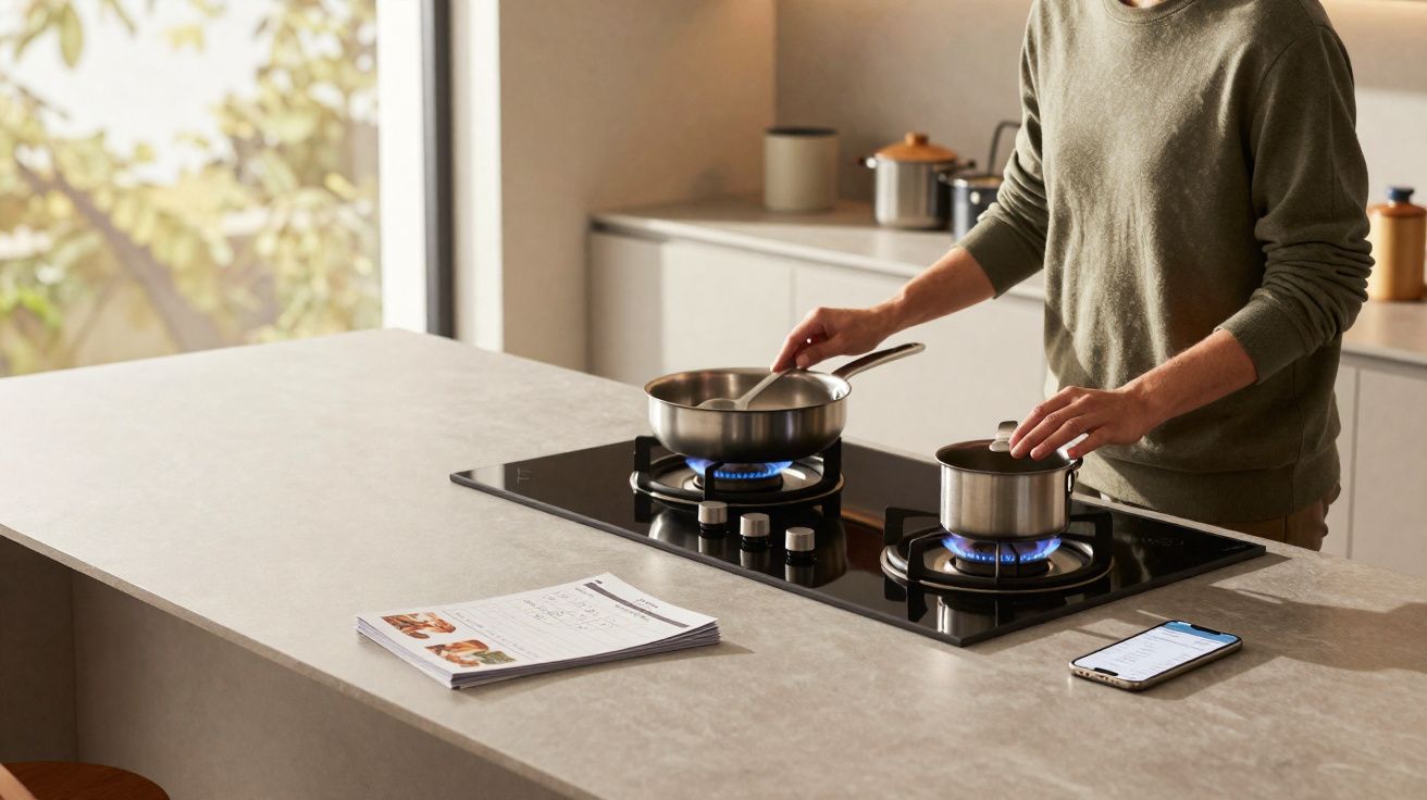 Pessoa a cozinhar com fogão a gás numa cozinha moderna, com livro de receitas e telemóvel na bancada.