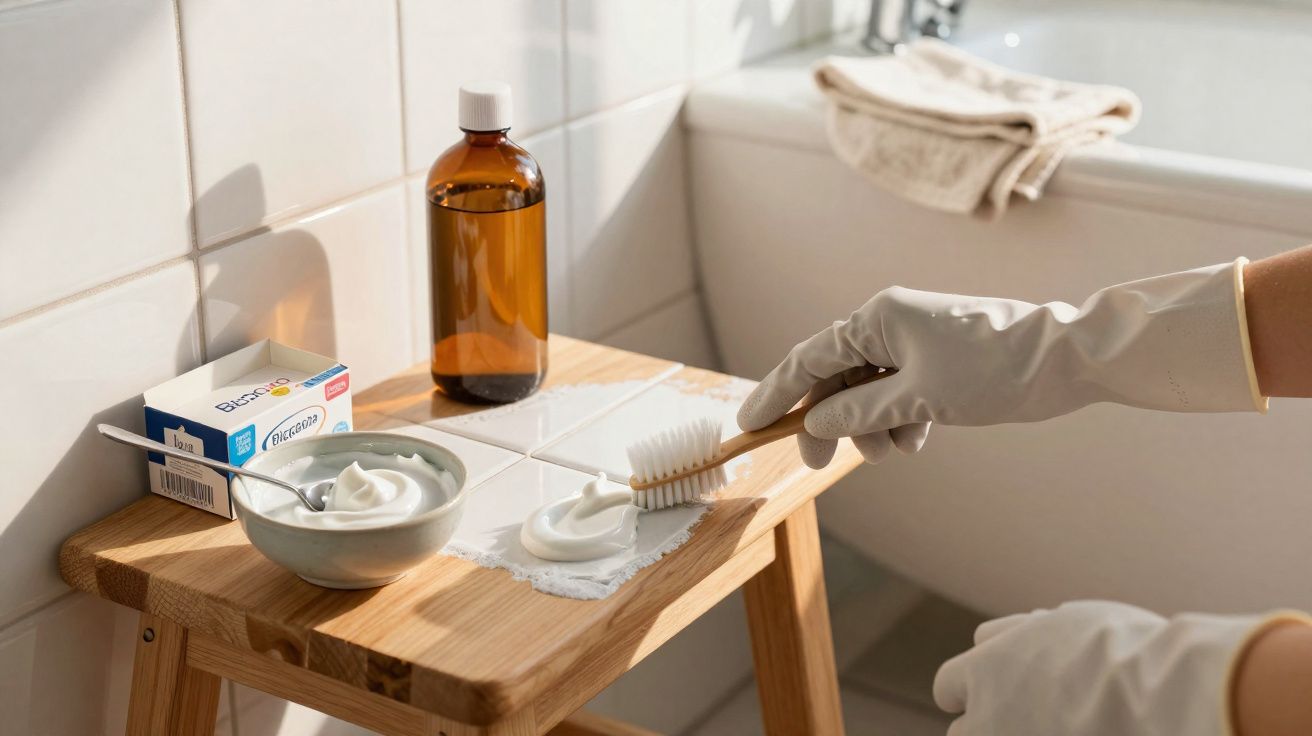 Pessoa com luvas a aplicar creme numa escova de dentes, ao lado de frasco, caixa e tigela com creme, num banheiro.