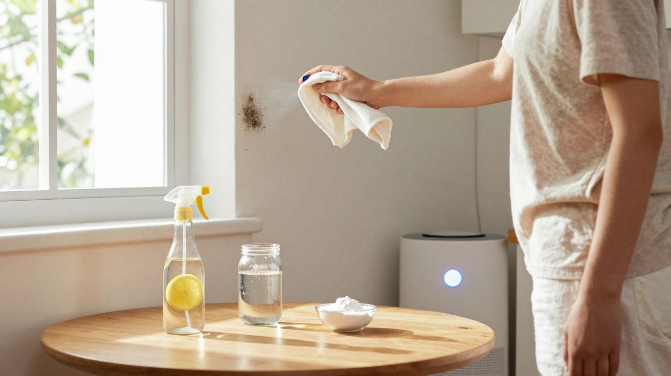 Pessoa a limpar mancha de parede com pano, ao lado de mesa com pulverizador, jarro de água e recipiente com pó branco.