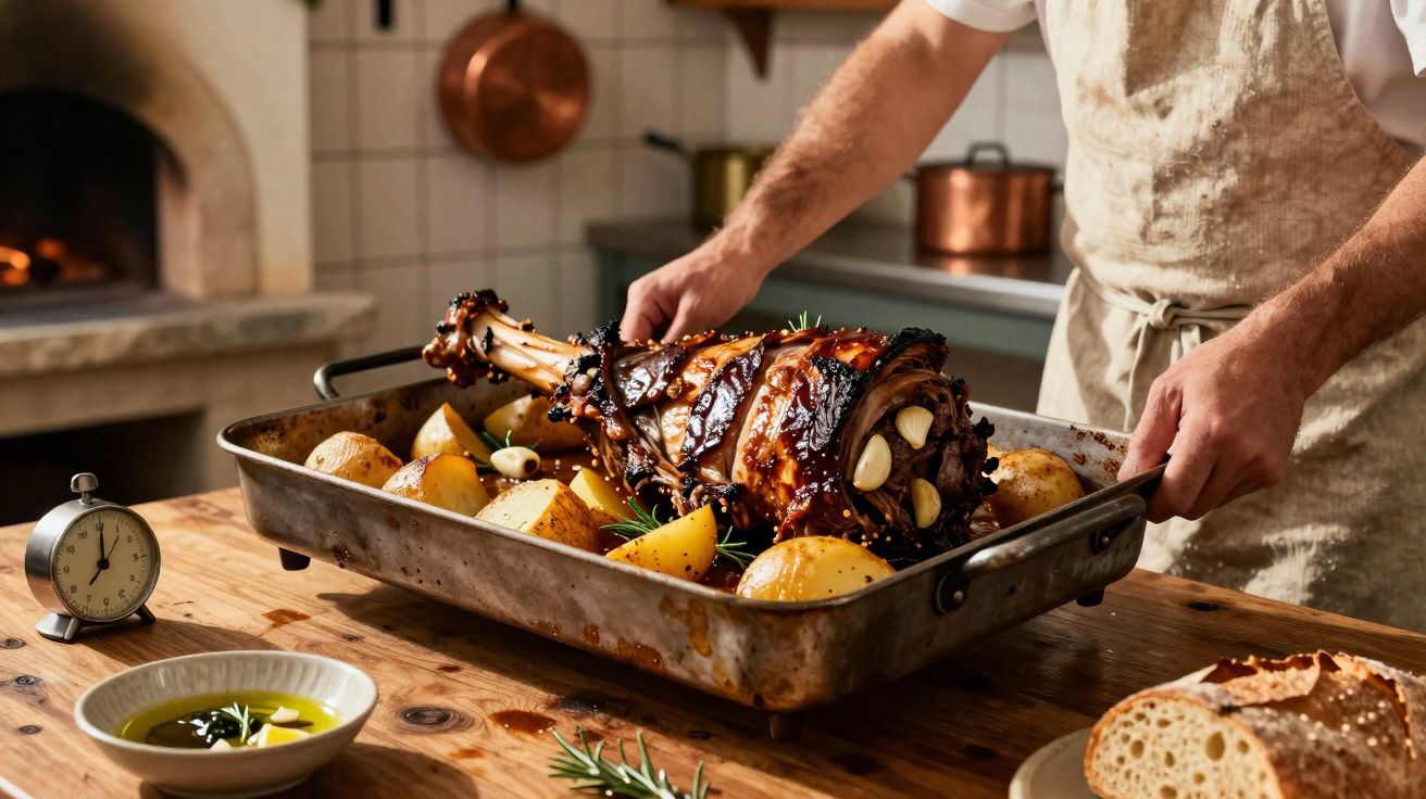 Perna de carne assada com batatas e alho numa assadeira, numa cozinha rústica.