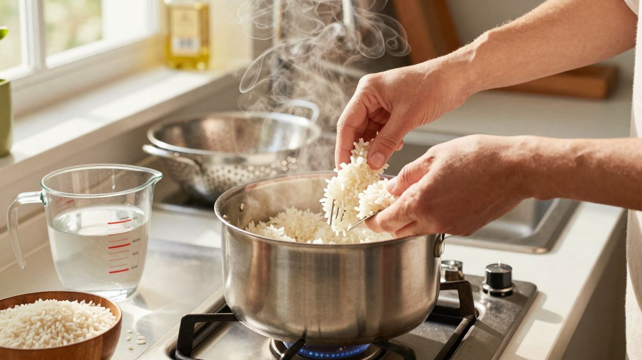 Pessoa a mexer arroz quente numa panela de inox em fogão a gás numa cozinha luminosa.