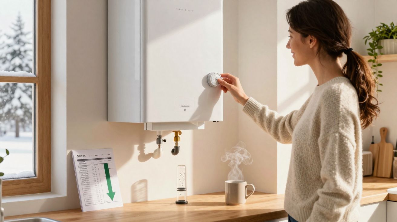 Mulher a ajustar o termóstato de um aquecedor de água numa cozinha iluminada pelo sol.