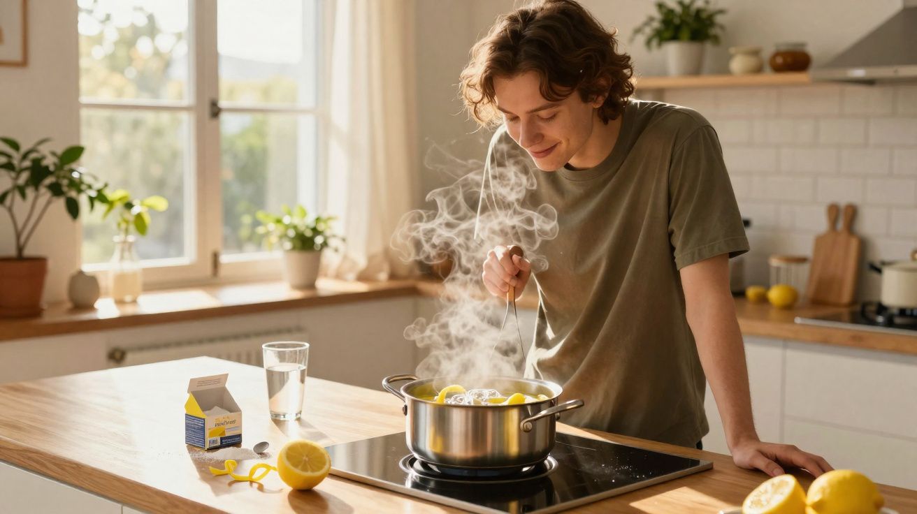 Jovem a cozinhar limões numa panela a ferver numa cozinha iluminada pelo sol da manhã.