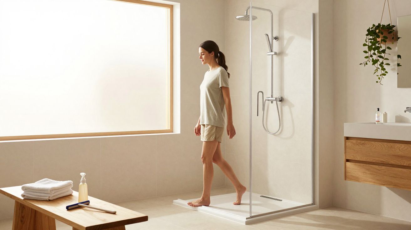 Mulher a sair de um chuveiro moderno com portas de vidro num banheiro minimalista e luminoso.