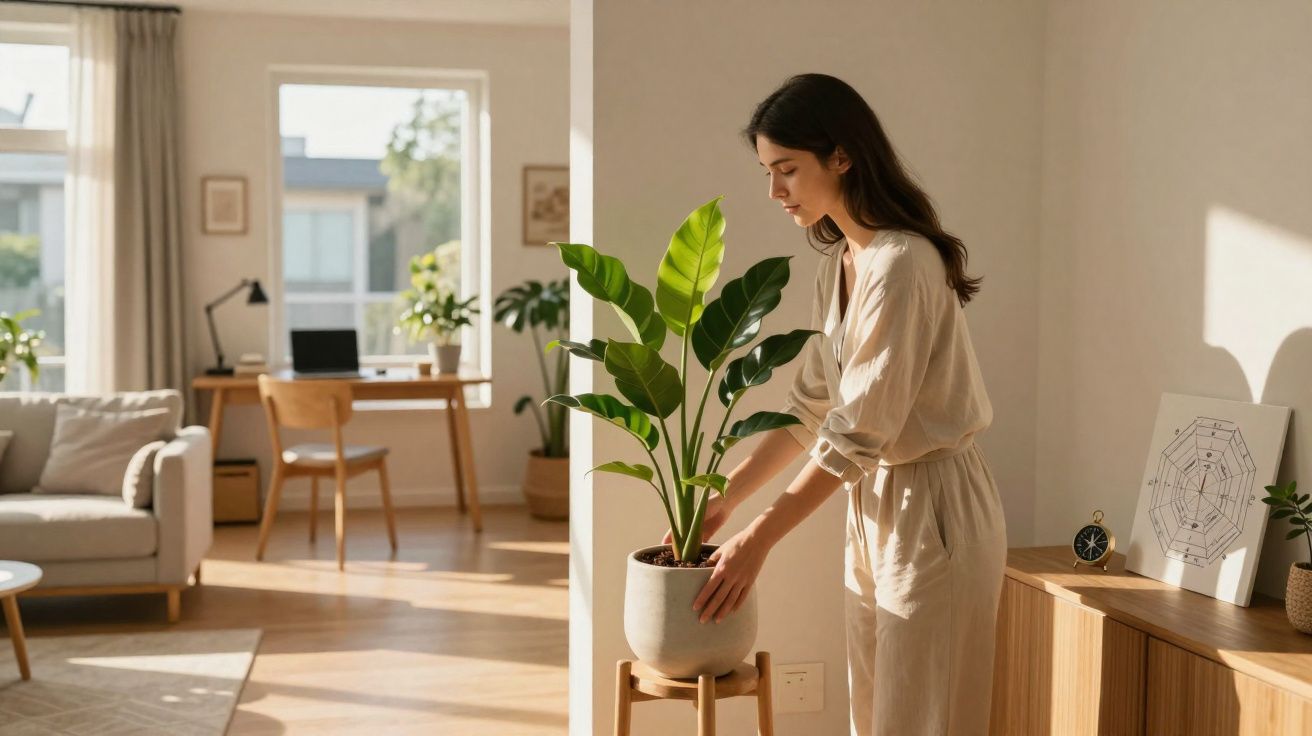 Mulher de vestido claro a cuidar de uma planta em vaso dentro de sala luminosa e decorada.