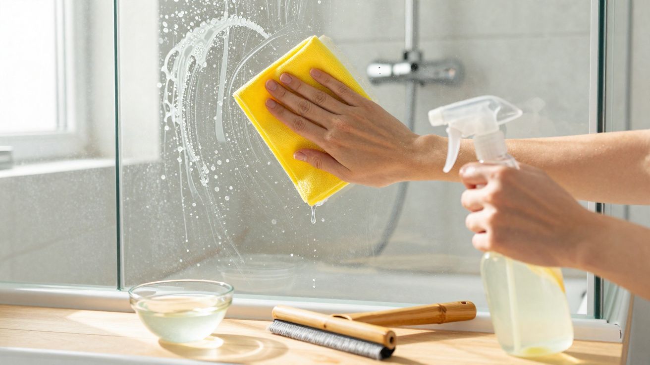 Pessoa a limpar vidro do chuveiro com esponja amarela e spray de limpeza, ao lado de escovas e recipiente.