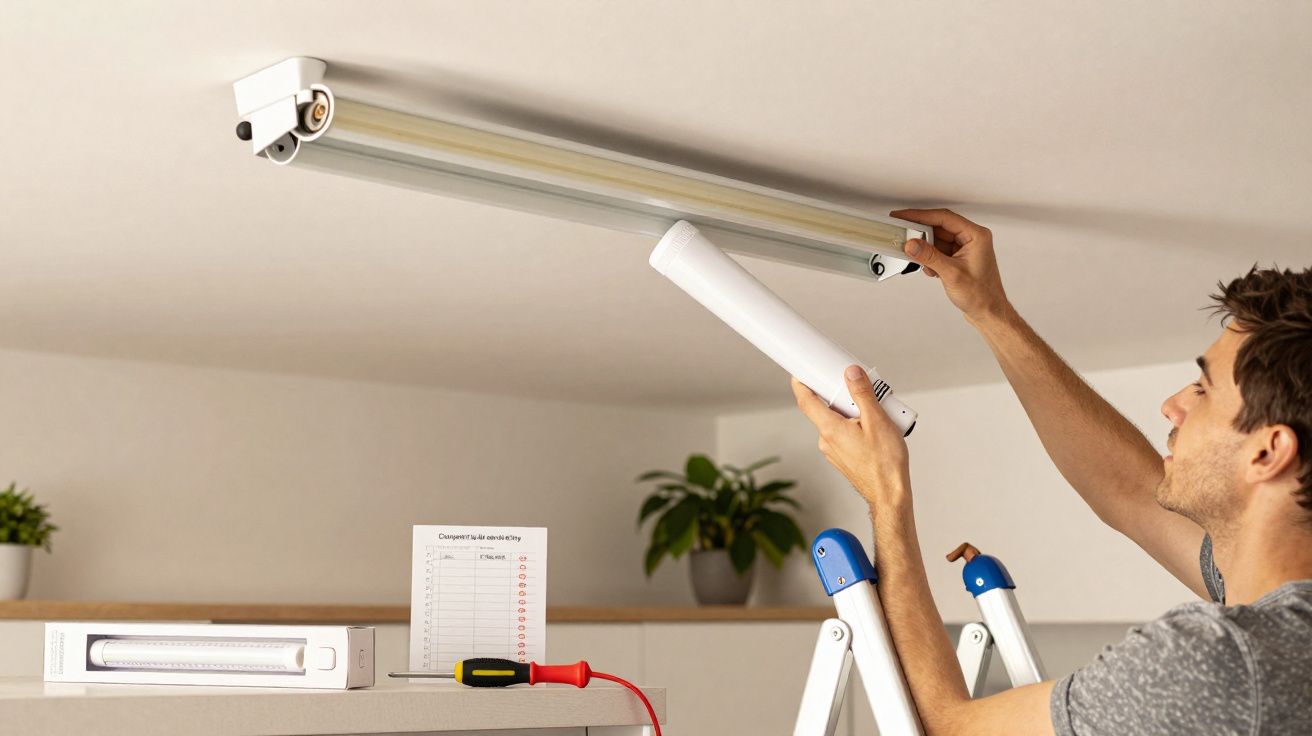 Homem a substituir lâmpada fluorescente numa luminária de teto, com escada e ferramentas à frente.