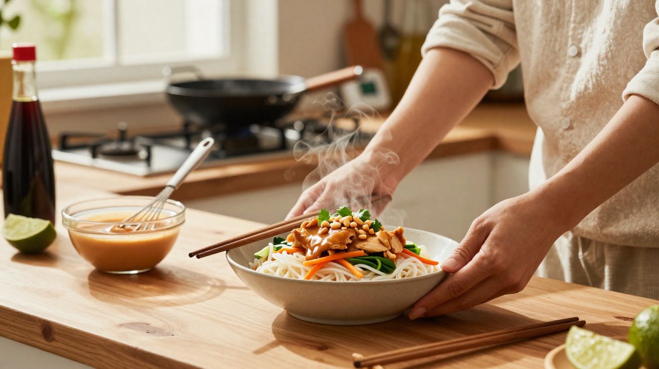 Pessoa a servir prato de noodles com legumes e amendoins numa cozinha luminosa.