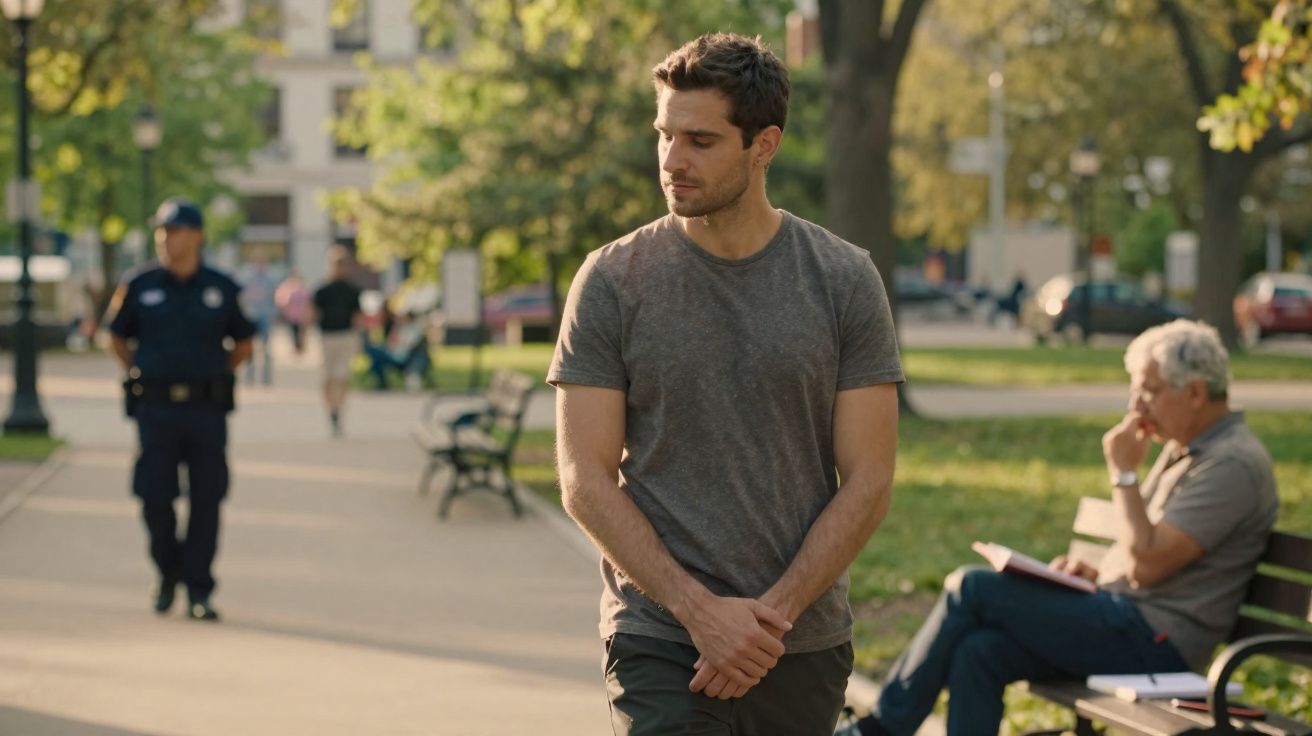 Homem de camiseta cinza caminha num parque com polícia e homem sentado ao fundo.