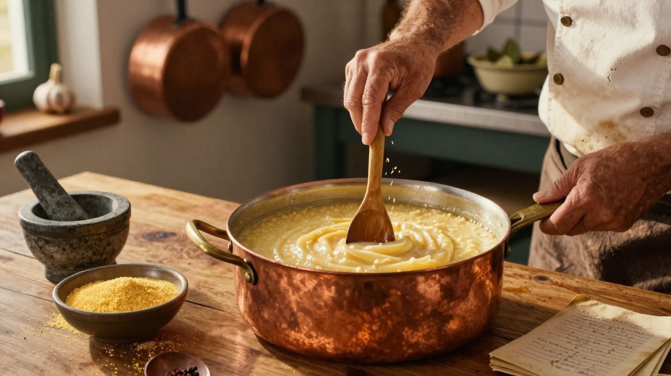 Mãos de um cozinheiro a mexer polenta numa panela de cobre sobre uma bancada de madeira com ingredientes e receita.