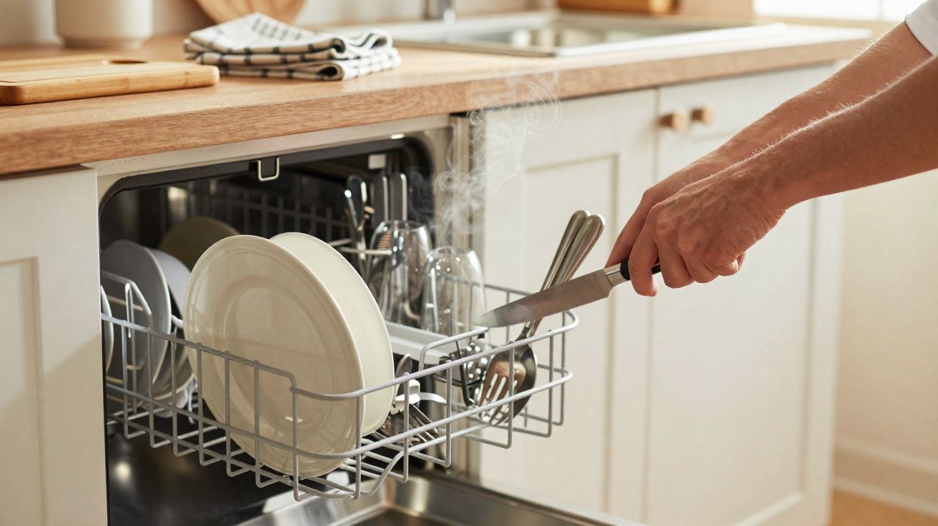 Pessoa a retirar uma faca quente de uma máquina de lavar louça numa cozinha moderna.