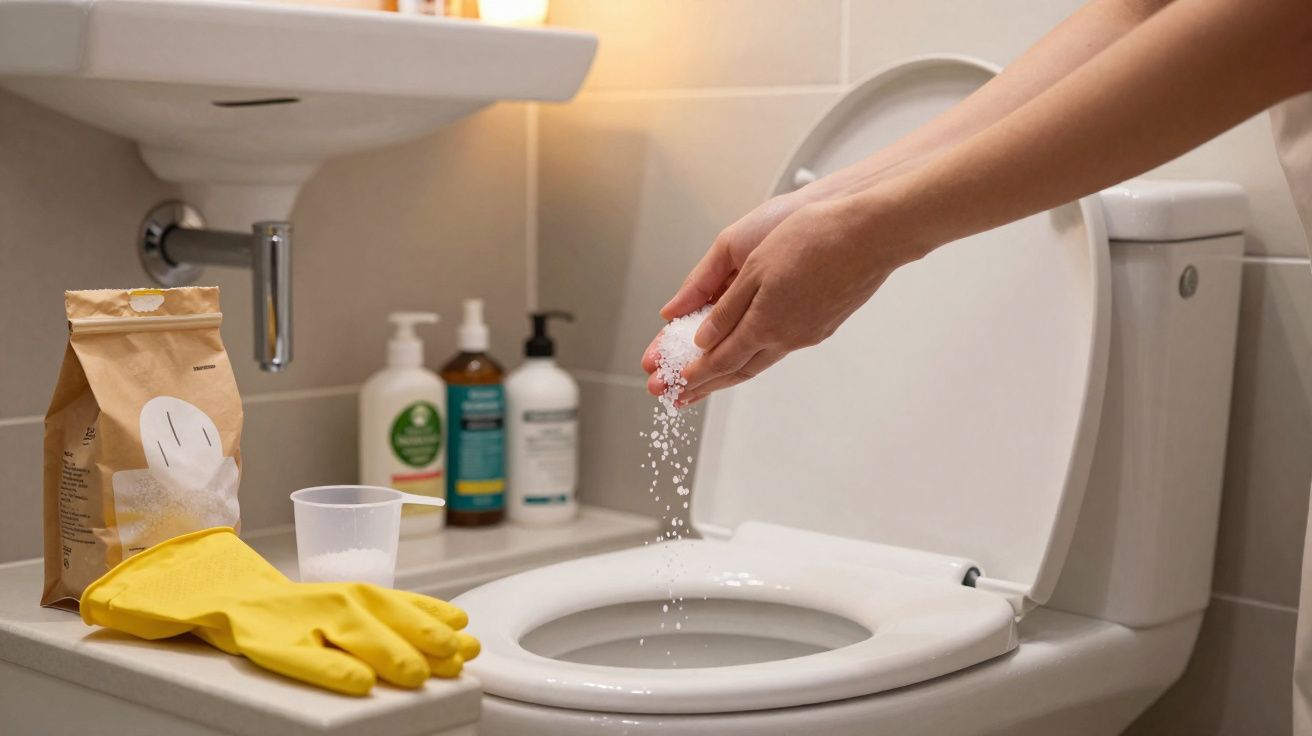 Pessoa de mão aberta a limpar sanita, com luvas amarelas, detergente e sacos de limpeza à volta, casa de banho.