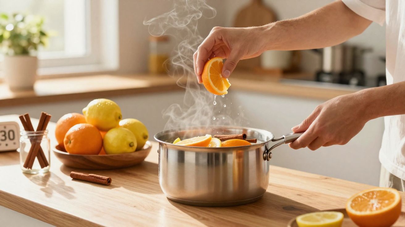 Mãos a espremer laranja numa panela com frutas e paus de canela numa cozinha iluminada.
