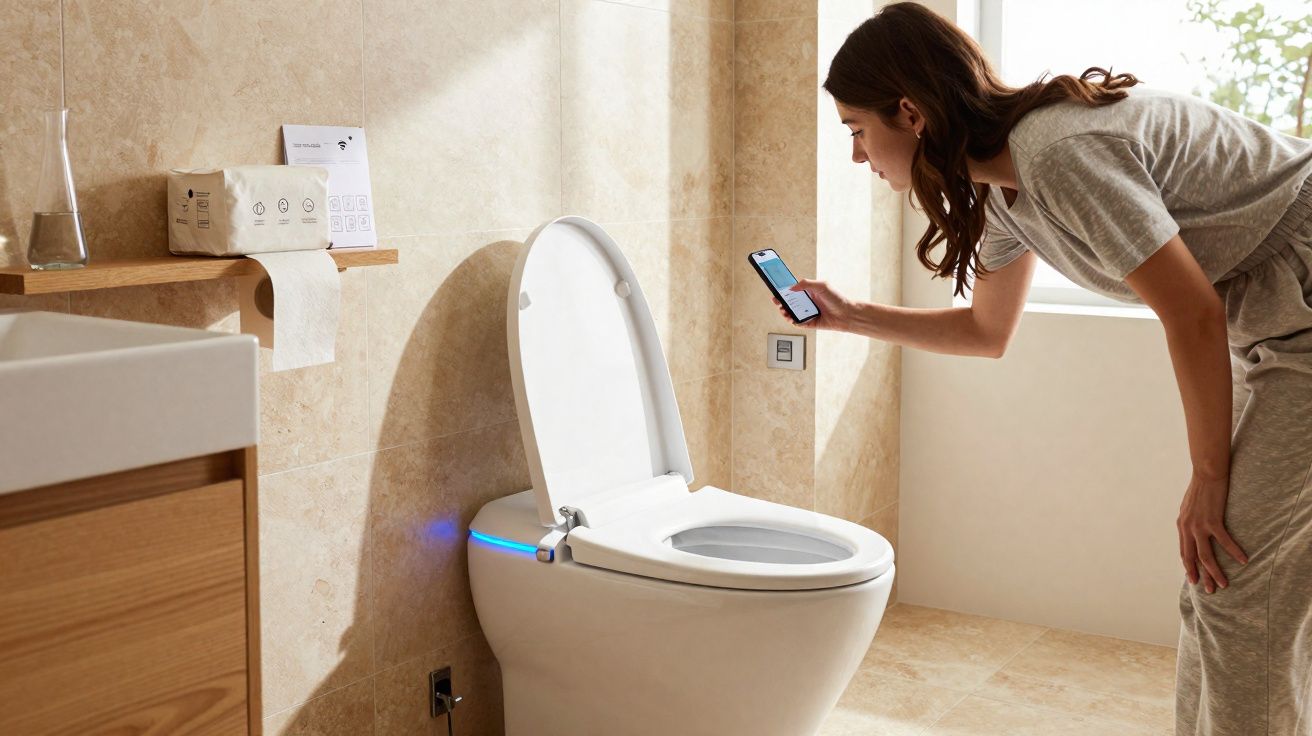 Mulher usa telemóvel para controlar sanita inteligente com luz azul numa casa de banho moderna.